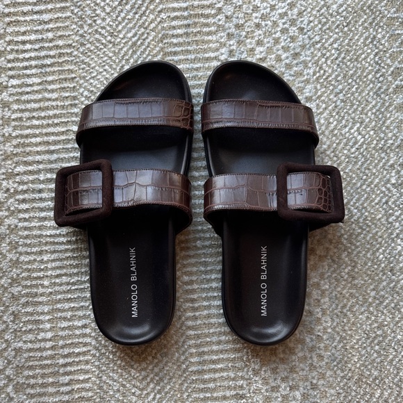 Manolo Blahnik Dark Brown Double Strap Leather / Alligator Sandals